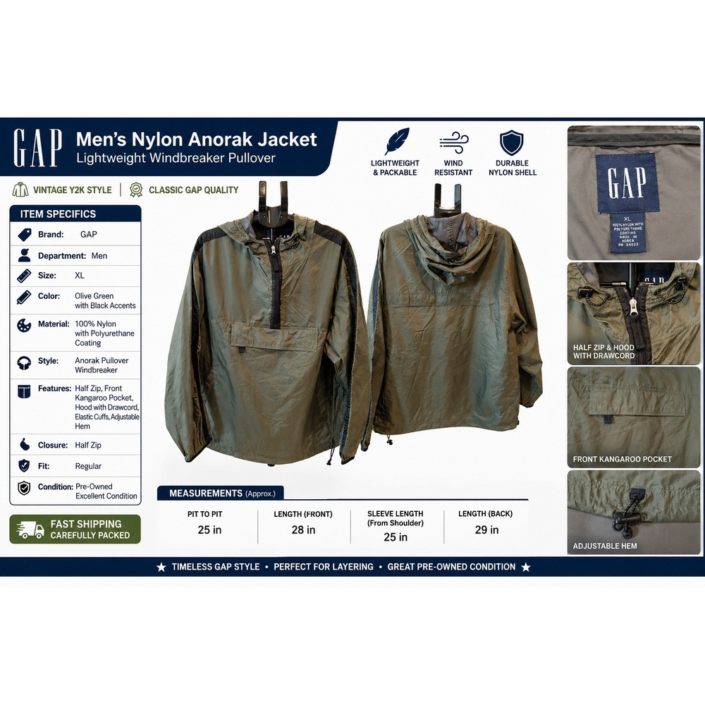 Gap‎ Mens XL Vintage Anorak Windbreaker Jacket Olive Green Ripstop Quarter Zip